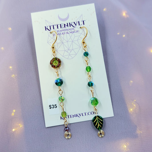 Czech Glass Cottage Witch Fairy Flower & Leaf Earrings