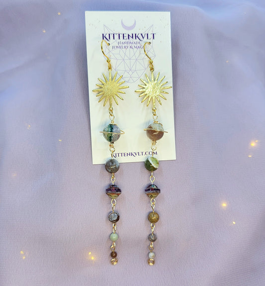 Ocean Jasper, Moss Agate & Czech Glass Planet Earrings