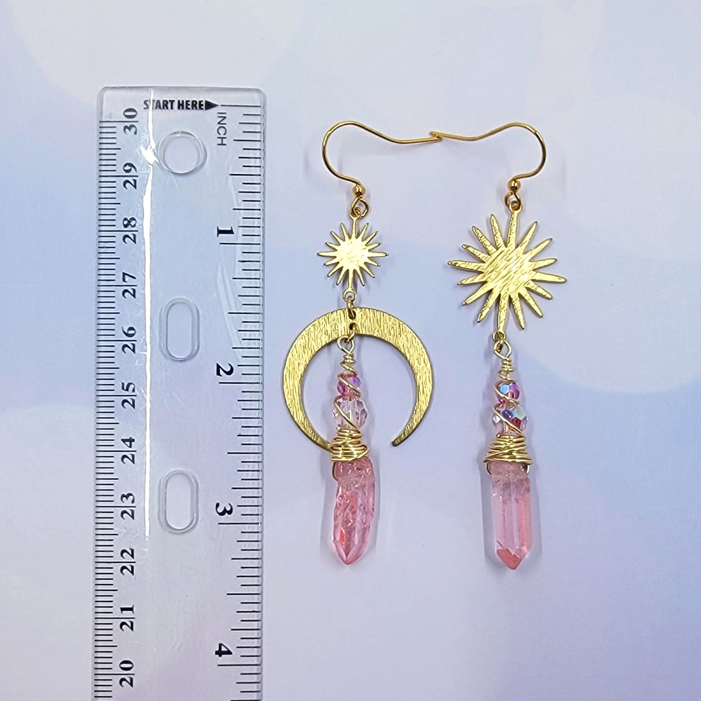 Ethereal Pink Quartz Celestial Moon Star Earrings