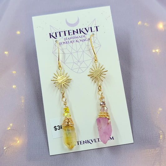 Ethereal Witchy Mismatch Aura Quartz Celestial Sun Star Earrings