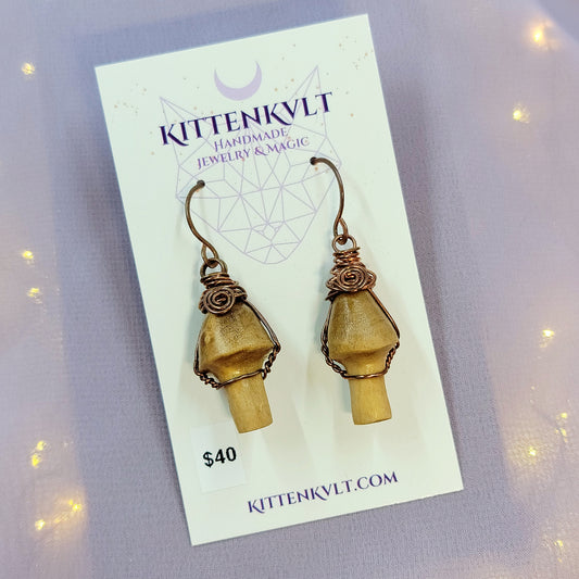 Hand Carved Ash Wood & Copper Mushroom Earrings, Cottage FairyCore Mushroom Earthy Witch Earrings