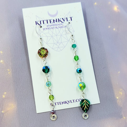 Czech Glass Cottage Witch Fairy Flower & Leaf Earrings