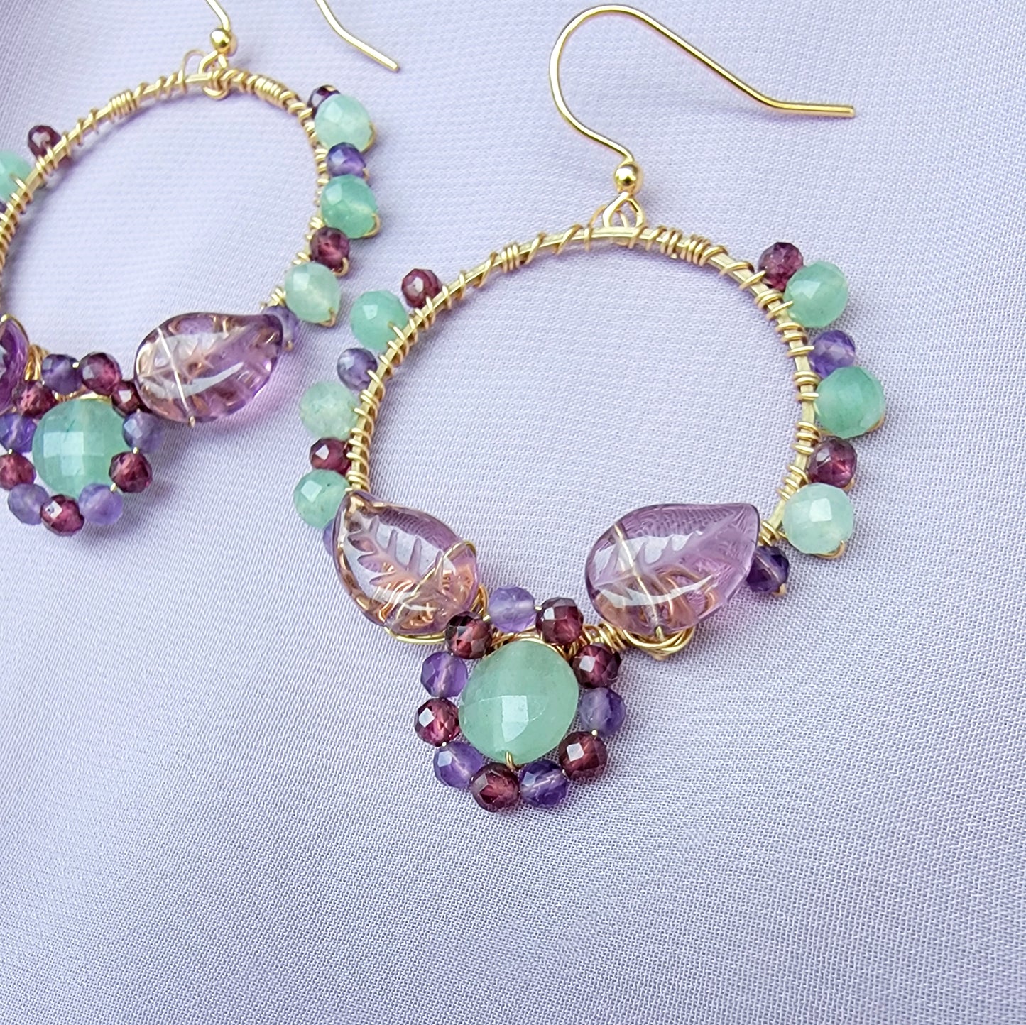 Fairy Amethyst, Green Aventurine & Garnet Flower Garden Earrings