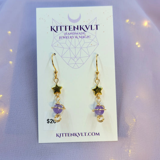 Witchy Mystical Amethyst Planet Star Earrings