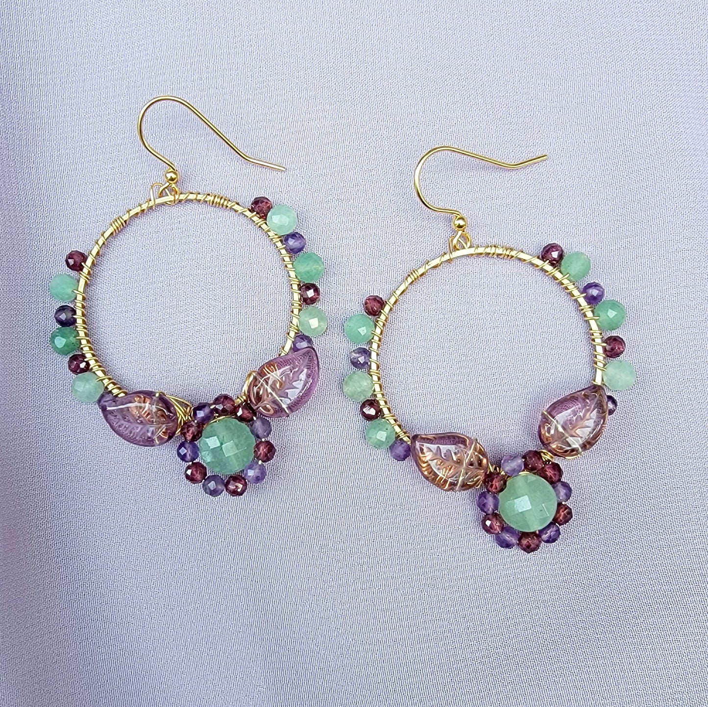 Fairy Amethyst, Green Aventurine & Garnet Flower Garden Earrings