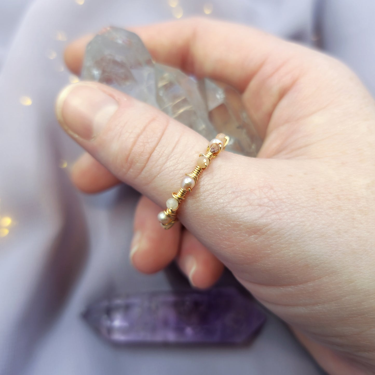 Ethereal Fairy Peach Moonstone & Pearl Adjustable Ring