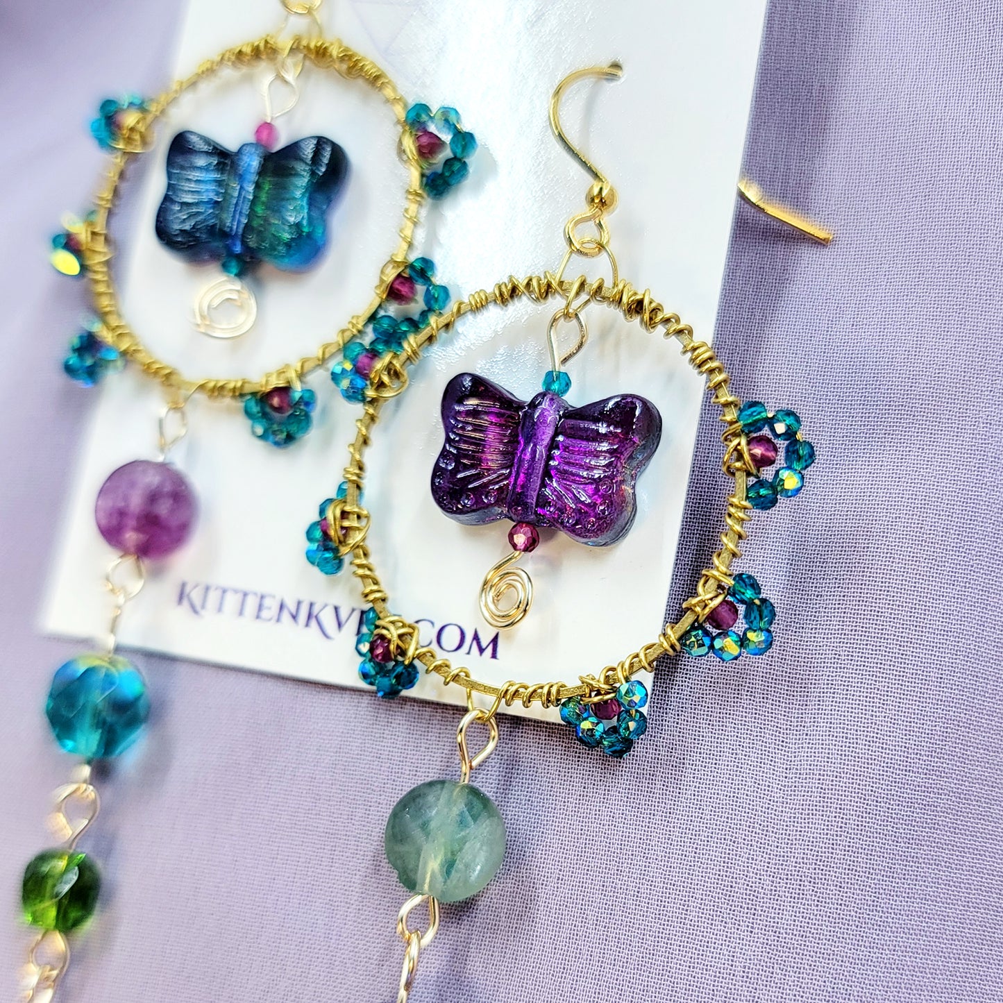 Mystical Rainbow Fluorite & Czech Glass Butterfly Sun Catcher Earrings