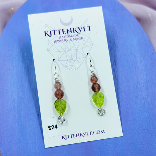 Earthy Fairy Strawberry Quartz Leaf Earrings