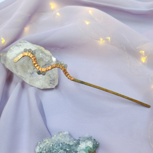 Labradorite Hammered Copper Squiggle Hair Stick