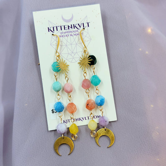 Celestial Rainbow Quartz Moon Star Earrings