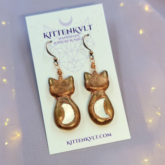 Electroformed Celestial Kitty Cat Copper & Mother of Pearl Shell Moon Earrings