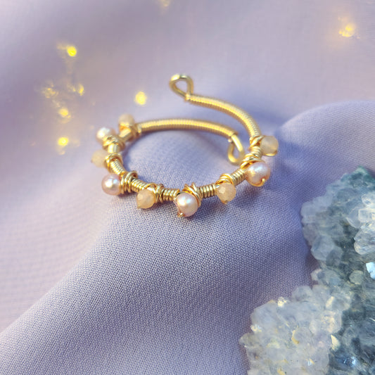 Ethereal Fairy Peach Moonstone & Pearl Adjustable Ring