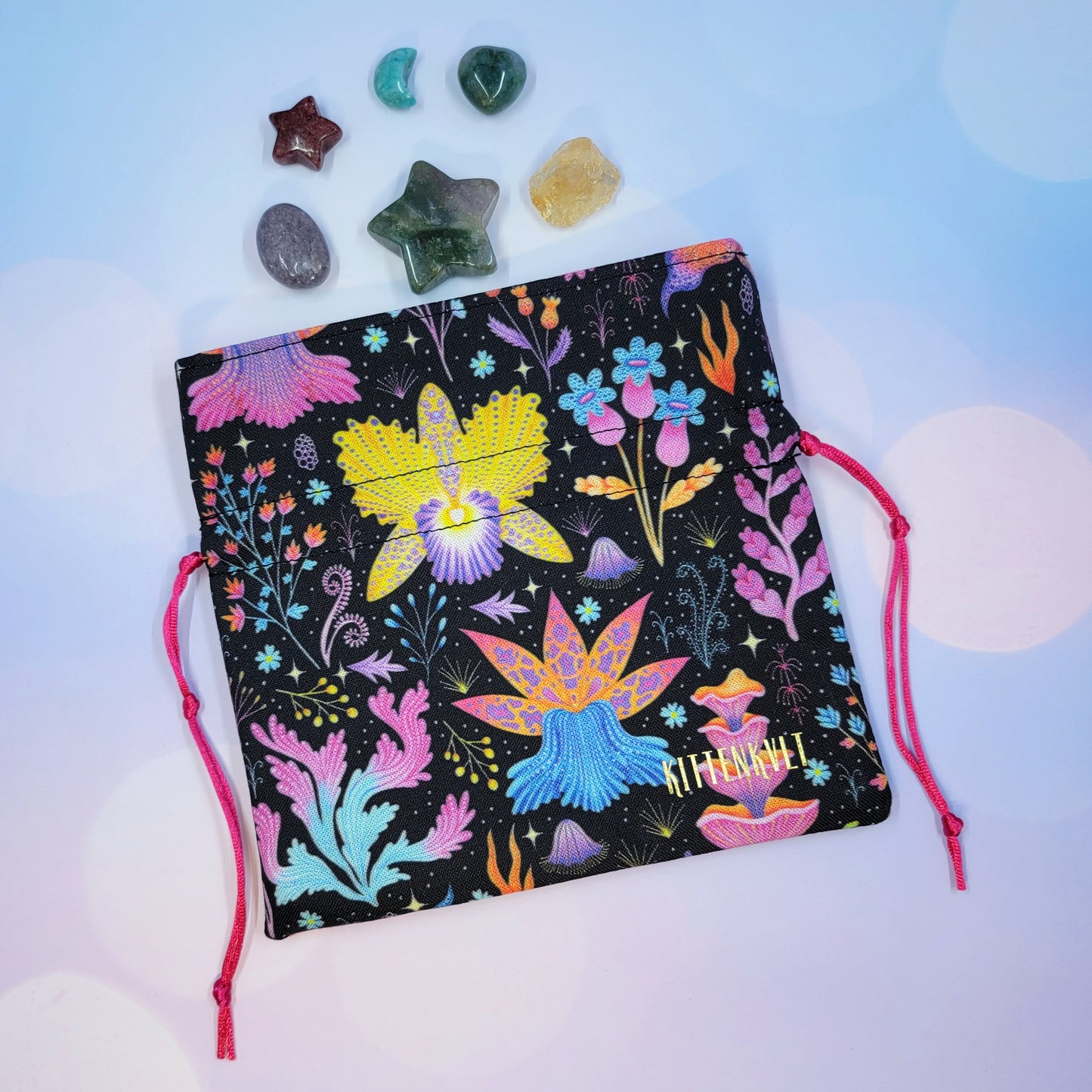 Mystical Witchy Lotus Orchid Floral Rainbow Crystal Pouch