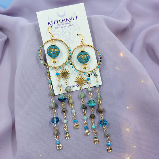 Blue Apatite Sea Goddess Moon Earrings