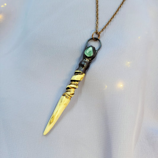 Hand Carved Ash Wood, Copper & Green Aventurine Wand Necklace
