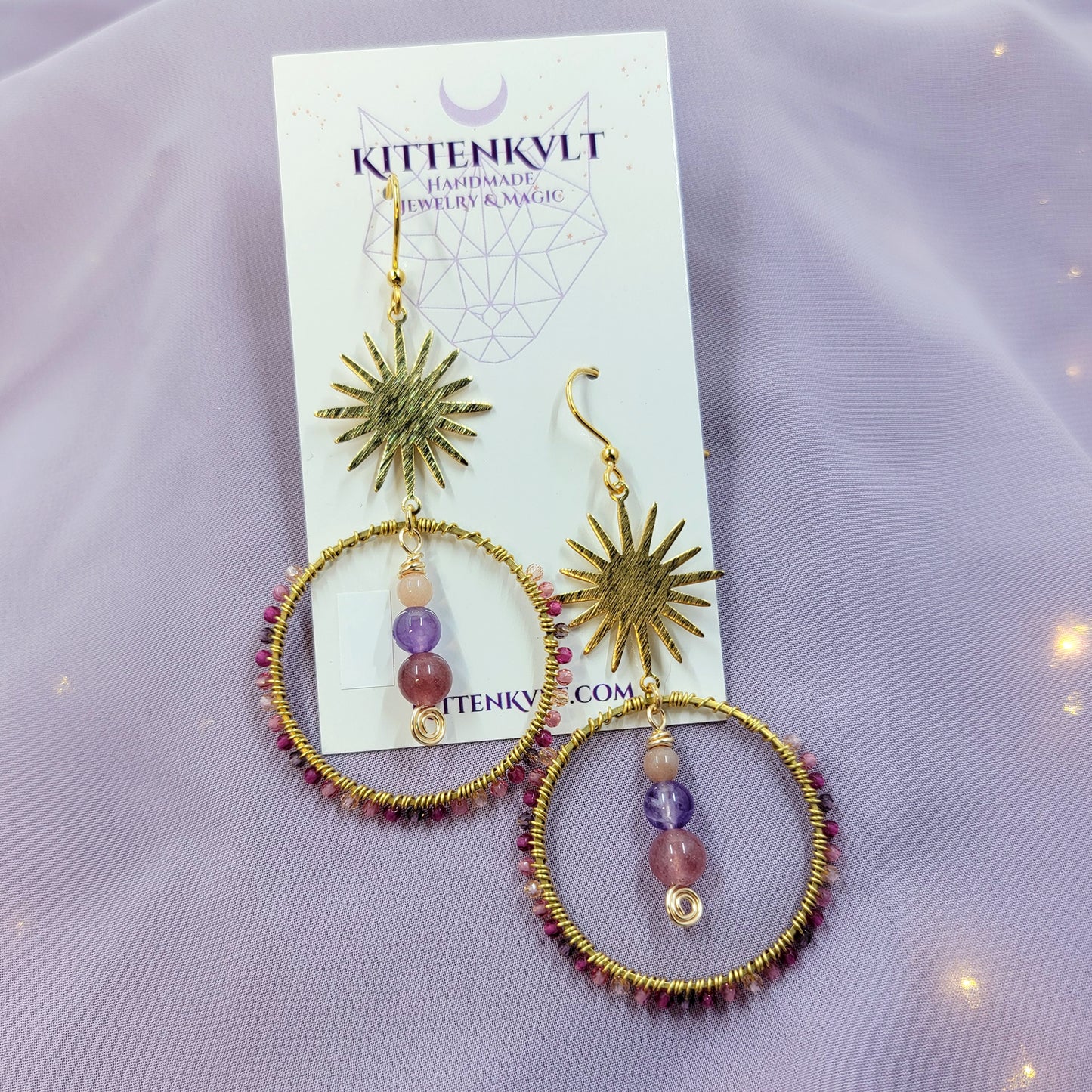 Mystical Celestial Amethyst, Strawberry Quartz, Sunstone Hoop Earrings