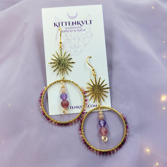 Mystical Celestial Amethyst, Strawberry Quartz, Sunstone Hoop Earrings