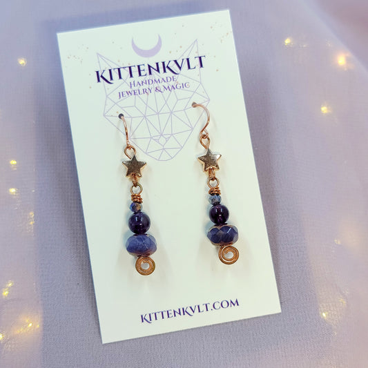 Celestial Witchy Amethyst Star Earrings, Copper Crystal Ethereal Fairy Dark Witch Amethyst Earrings