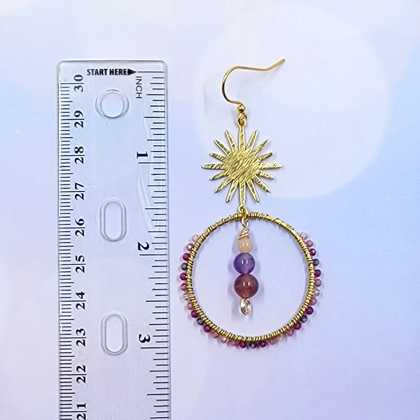 Mystical Celestial Amethyst, Strawberry Quartz, Sunstone Hoop Earrings