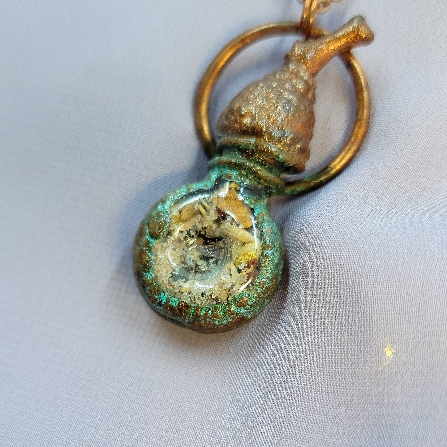 Anxiety Banishing Spell Jar & Acorn Patina Electroformed Copper Necklace