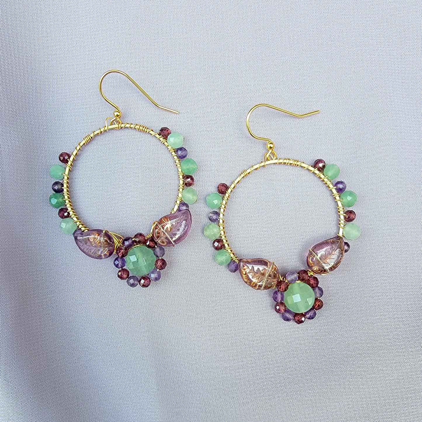Fairy Amethyst, Green Aventurine & Garnet Flower Garden Earrings