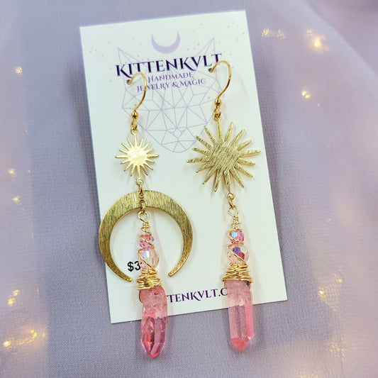 Ethereal Pink Quartz Celestial Moon Star Earrings