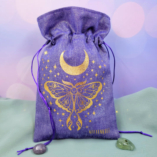 Mystical Witchy Celestial Luna Moth Moon Tarot Oracle Pouch Sparkly Fabric