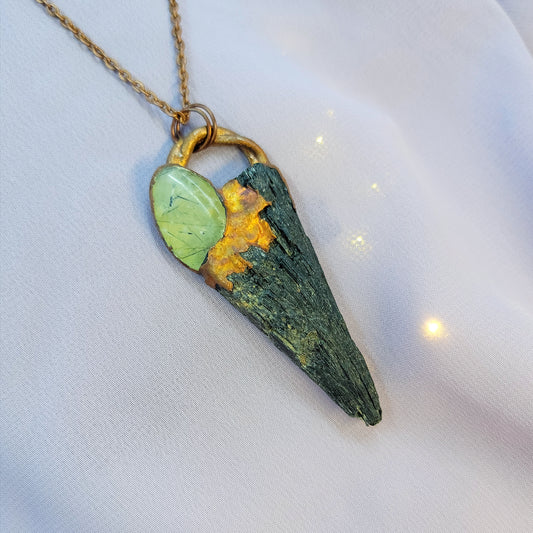 Black Kyanite & Prehnite Raven Electroformed Copper Necklace