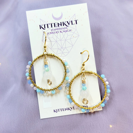 Ethereal Rose Quartz, Amazonite & Glass Hoop Earrings