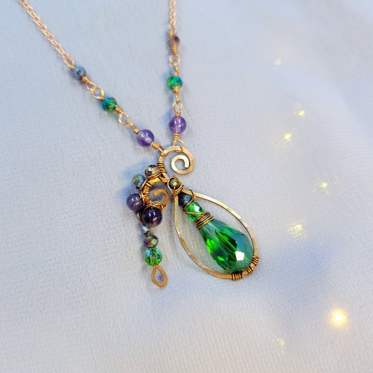 Amethyst & Sun Catcher Glass Poison Bottle Hammered Copper Necklace