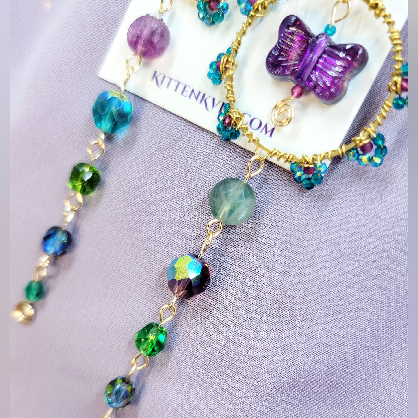 Mystical Rainbow Fluorite & Czech Glass Butterfly Sun Catcher Earrings