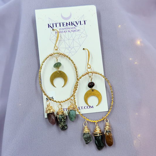 Ocean Jasper Moon Hoop Earrings Hammered Brass