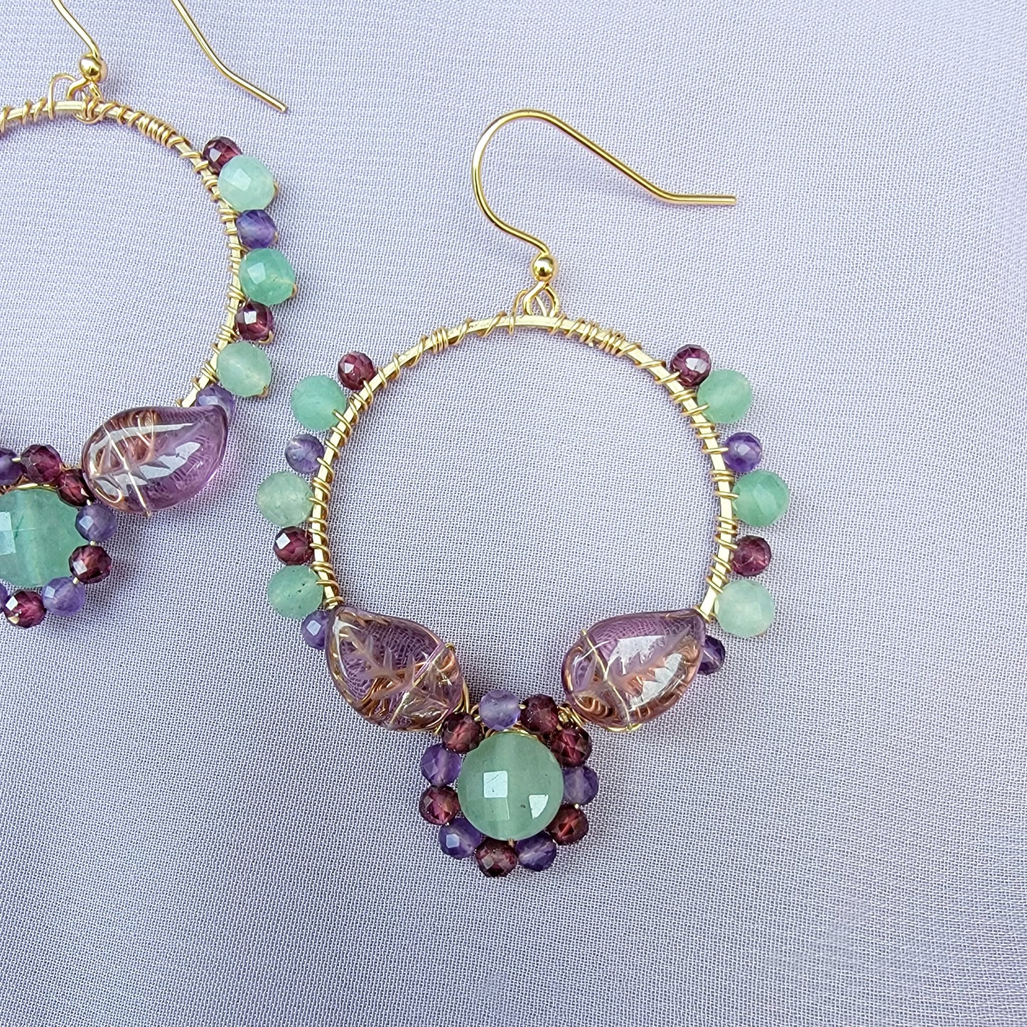 Fairy Amethyst, Green Aventurine & Garnet Flower Garden Earrings