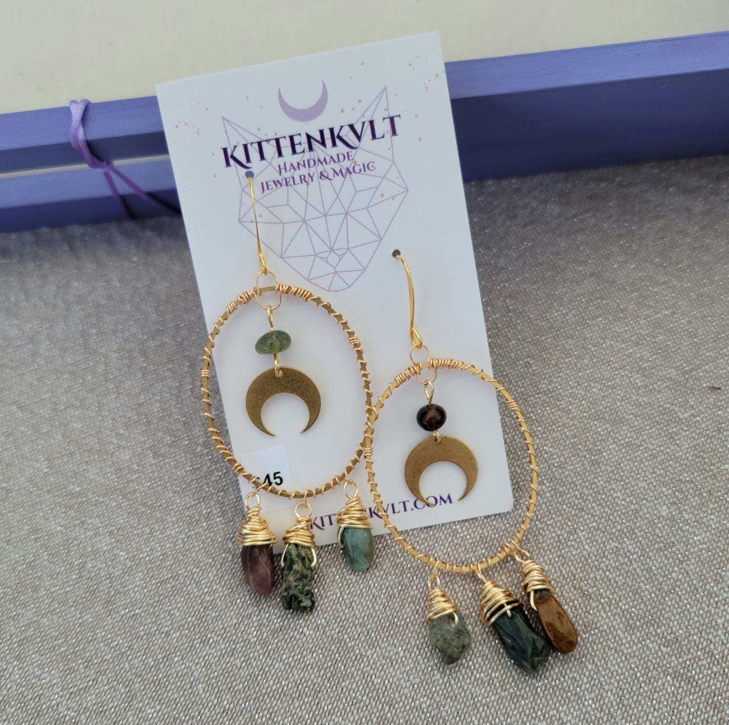 Ocean Jasper Moon Hoop Earrings Hammered Brass
